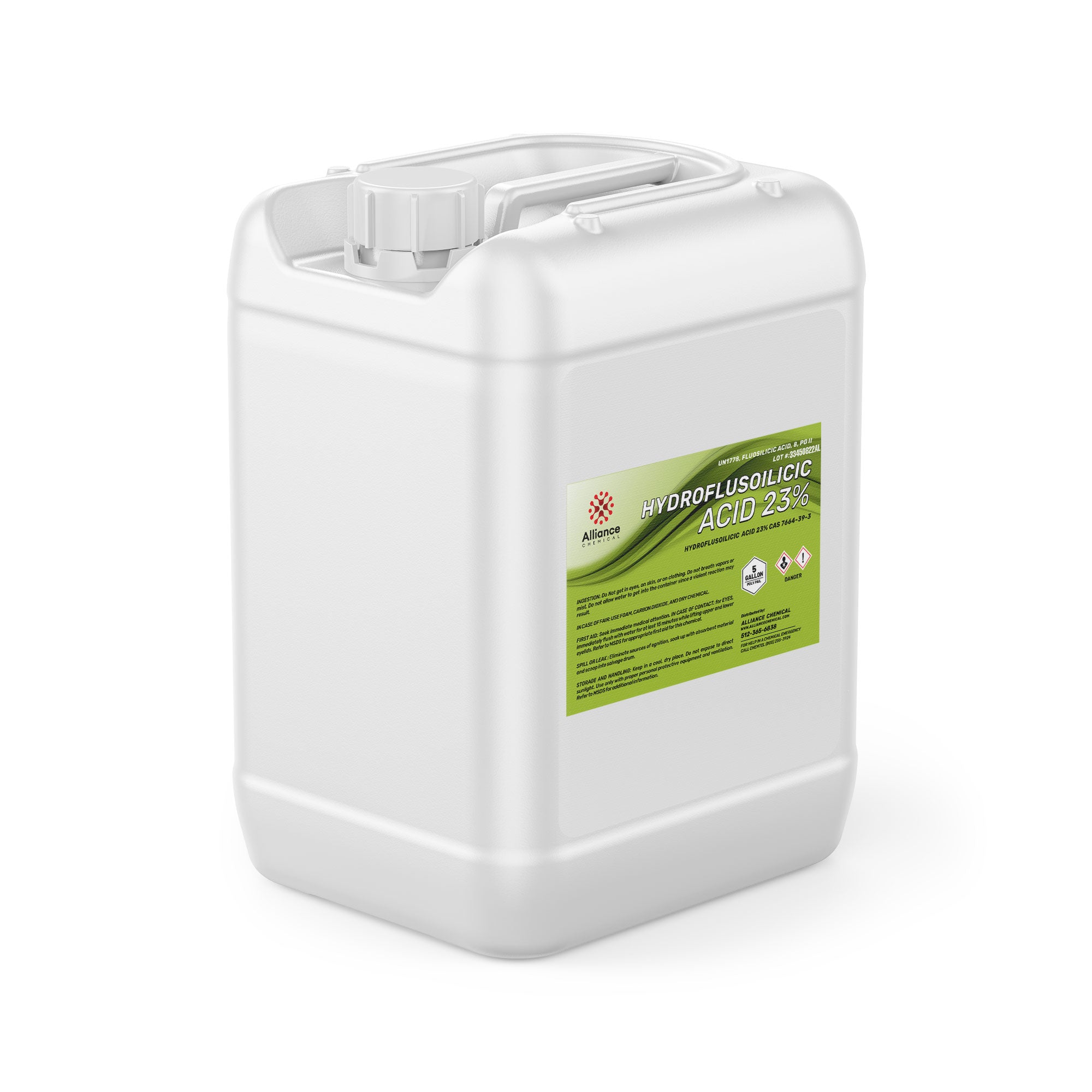 5-gallon white HDPE industrial container of Hydrofluorosilicic Acid 23% (HFS) with green Alliance Chemical label and hazard warning symbols.